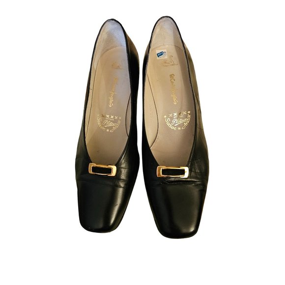 El Corte Ingles block Heels size 7 made in Spain black leather gold‎ tone detail - Picture 3 of 10